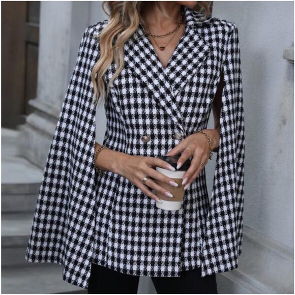 Classic Houndstooth Print Cloak Sleeve Jacket - Picture 3 of 6